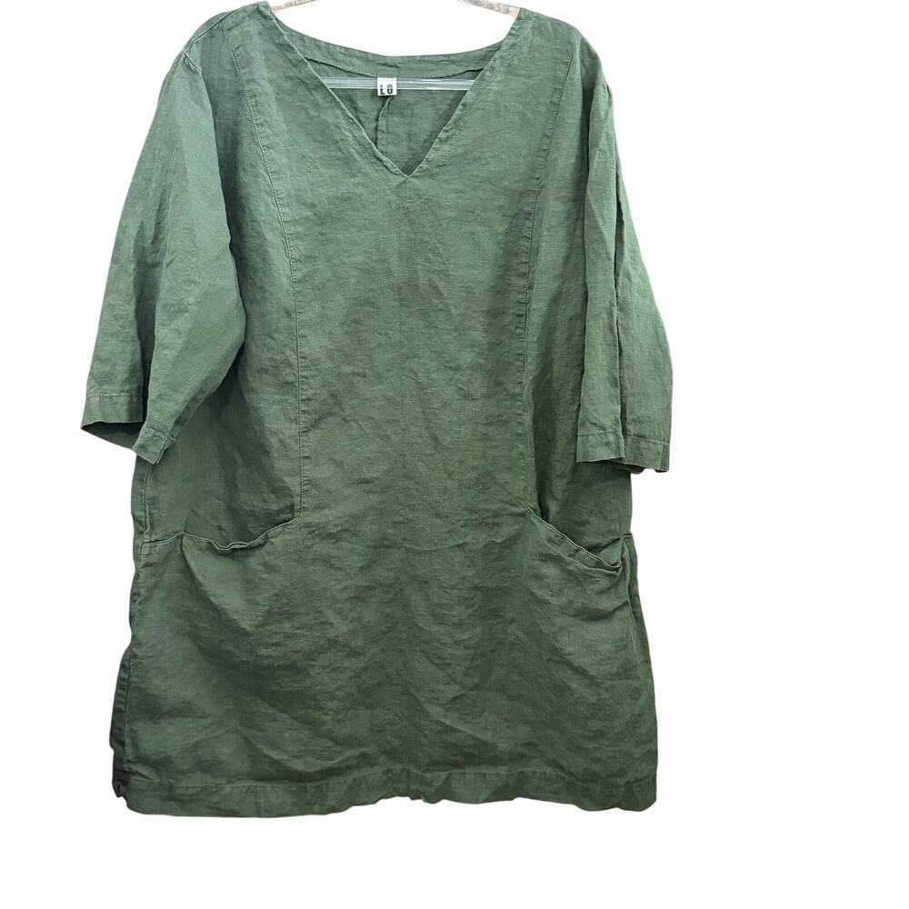 Len Ok 100% Linen Dress Women's XXXL Green Lagenlook Relaxed Pockets Breathable
